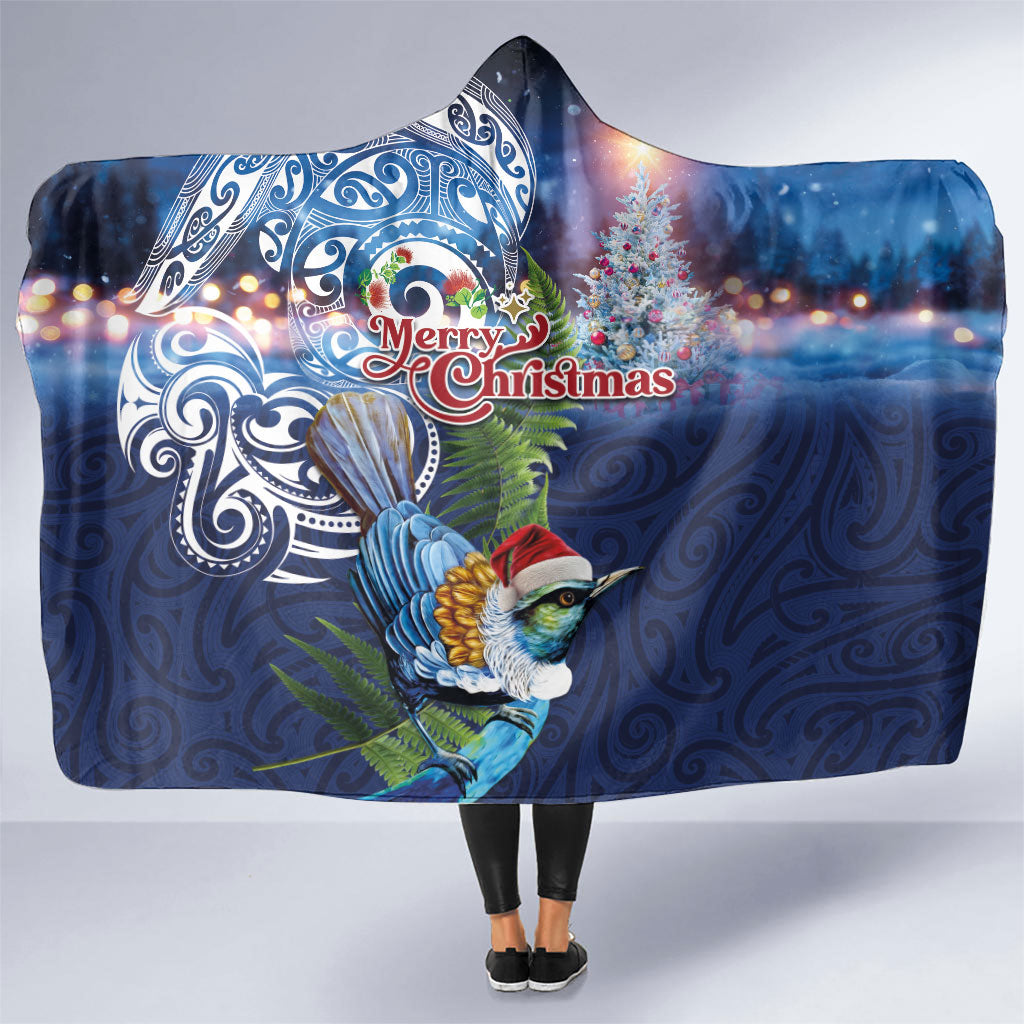 New Zealand Merry Christmas Hooded Blanket Maori Tribal Pattern with Xmas Tui Bird