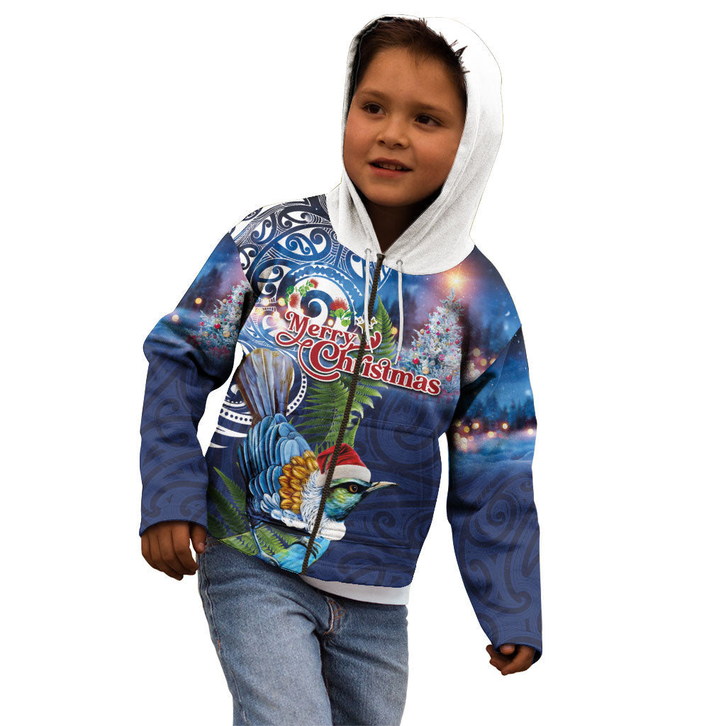 New Zealand Merry Christmas Kid Hoodie Maori Tribal Pattern with Xmas Tui Bird