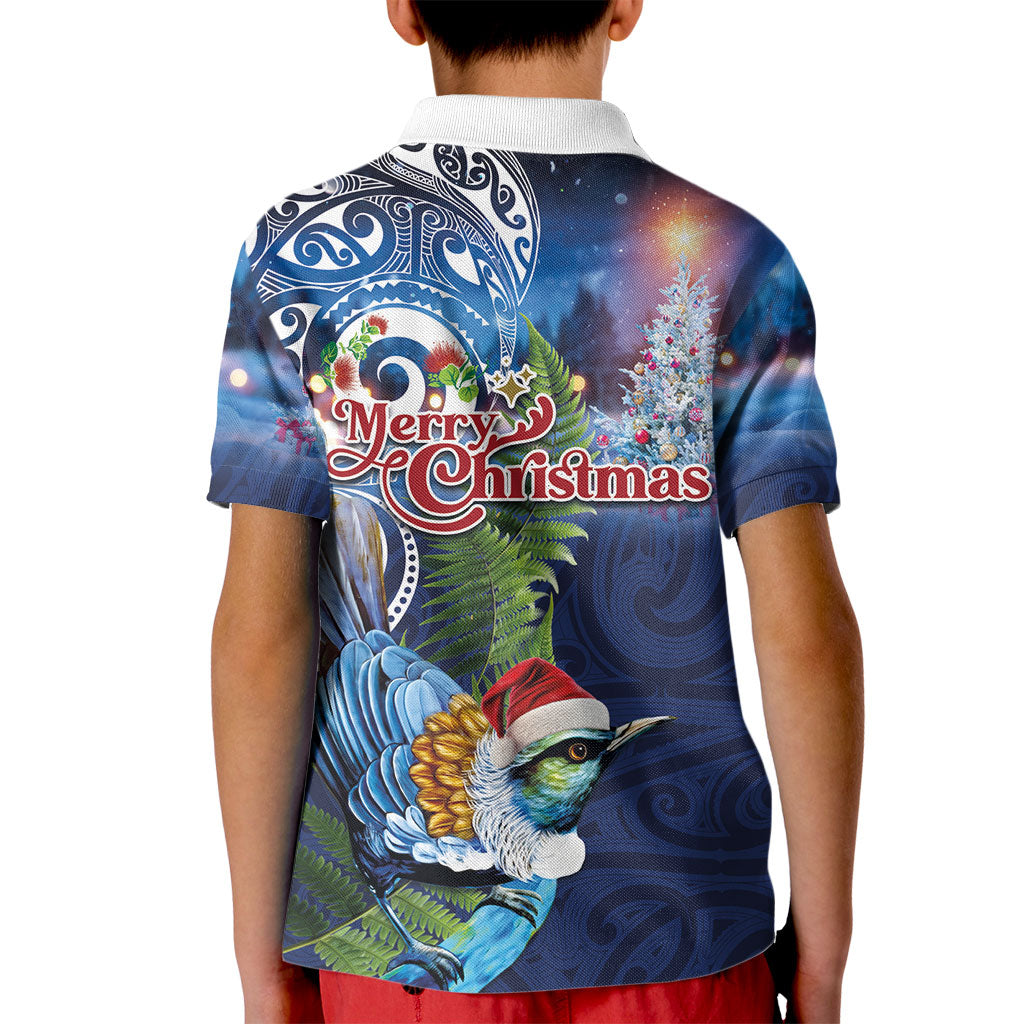 New Zealand Merry Christmas Kid Polo Shirt Maori Tribal Pattern with Xmas Tui Bird