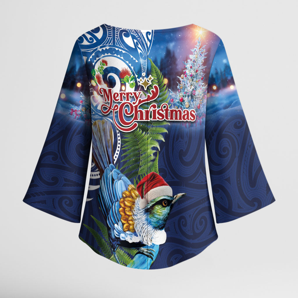 New Zealand Merry Christmas Kimono Sleeve Blouse Maori Tribal Pattern with Xmas Tui Bird