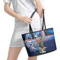 New Zealand Merry Christmas Leather Tote Bag Maori Tribal Pattern with Xmas Tui Bird