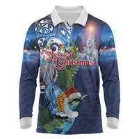 New Zealand Merry Christmas Long Sleeve Polo Shirt Maori Tribal Pattern with Xmas Tui Bird