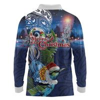 New Zealand Merry Christmas Long Sleeve Polo Shirt Maori Tribal Pattern with Xmas Tui Bird