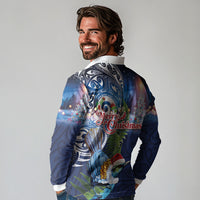 New Zealand Merry Christmas Long Sleeve Polo Shirt Maori Tribal Pattern with Xmas Tui Bird