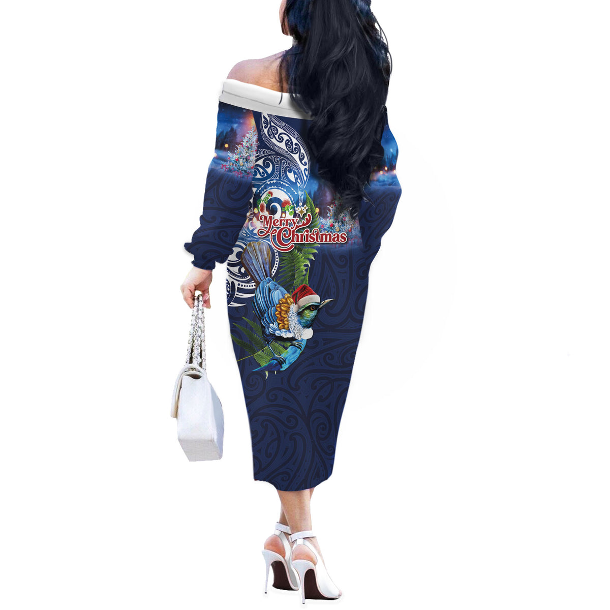 New Zealand Merry Christmas Off The Shoulder Long Sleeve Dress Maori Tribal Pattern with Xmas Tui Bird