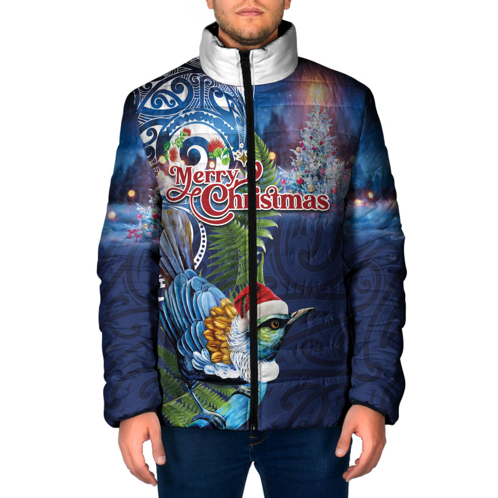New Zealand Merry Christmas Padded Jacket Maori Tribal Pattern with Xmas Tui Bird