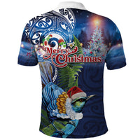 New Zealand Merry Christmas Polo Shirt Maori Tribal Pattern with Xmas Tui Bird