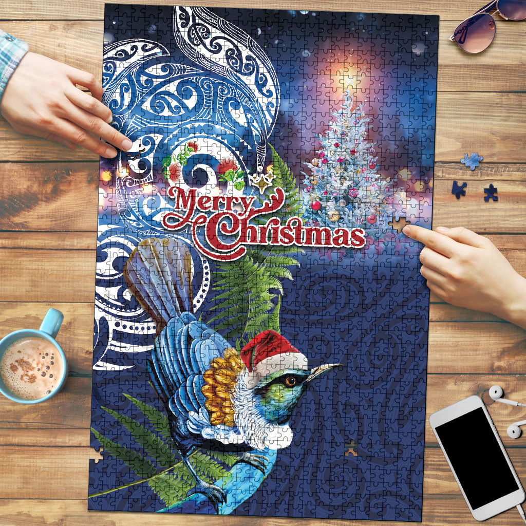 New Zealand Merry Christmas Puzzle Maori Tribal Pattern with Xmas Tui Bird