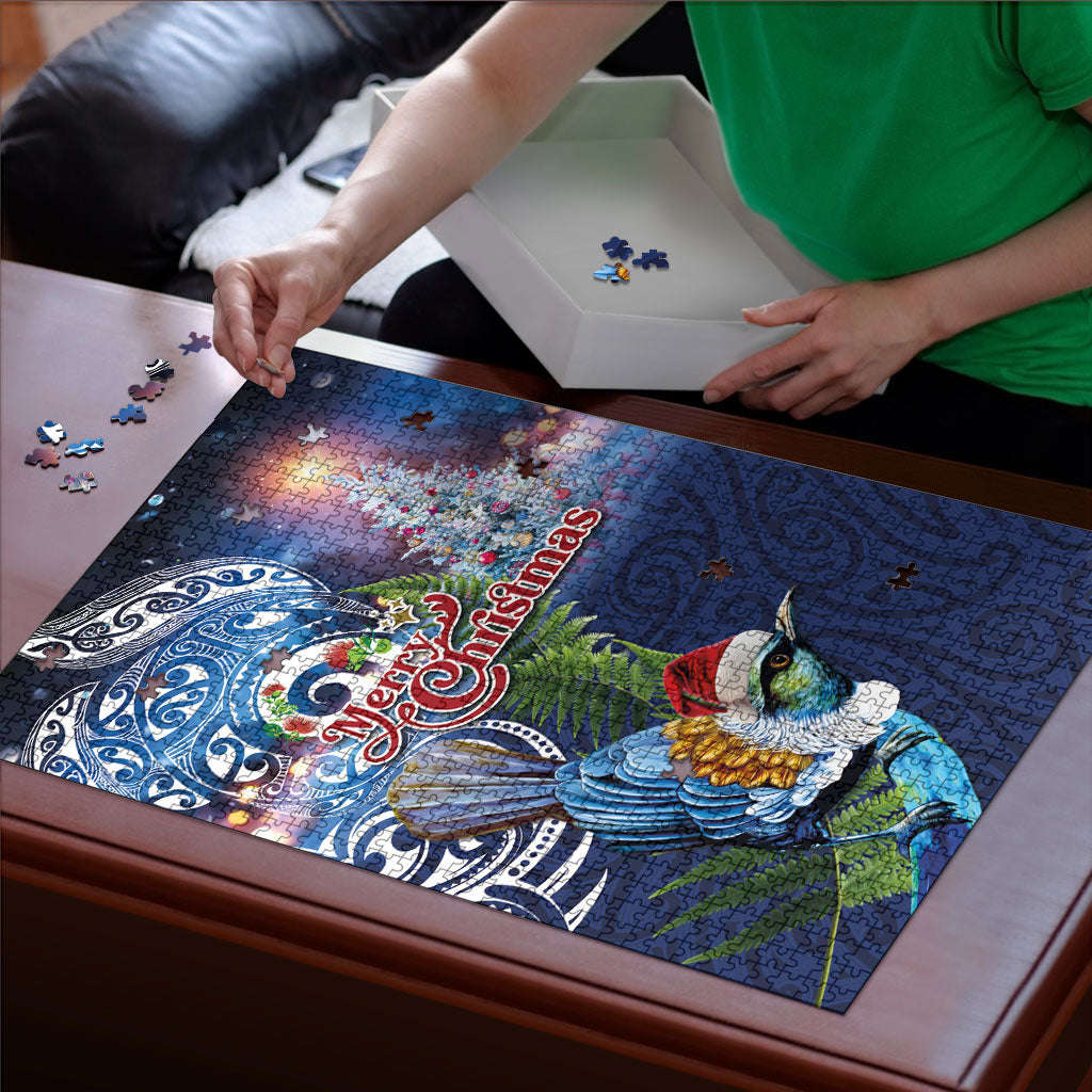 New Zealand Merry Christmas Puzzle Maori Tribal Pattern with Xmas Tui Bird