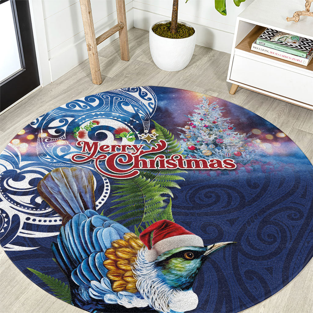 New Zealand Merry Christmas Round Carpet Maori Tribal Pattern with Xmas Tui Bird LT03 Multicolor - Polynesian Pride