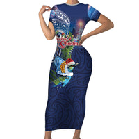 New Zealand Merry Christmas Short Sleeve Bodycon Dress Maori Tribal Pattern with Xmas Tui Bird