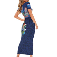 New Zealand Merry Christmas Short Sleeve Bodycon Dress Maori Tribal Pattern with Xmas Tui Bird