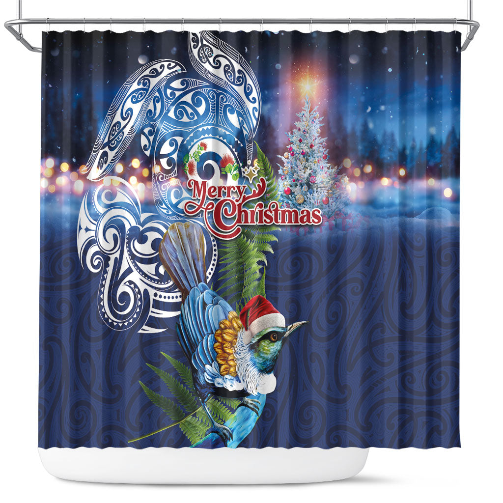 New Zealand Merry Christmas Shower Curtain Maori Tribal Pattern with Xmas Tui Bird