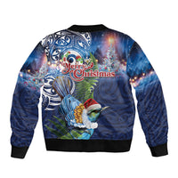 New Zealand Merry Christmas Sleeve Zip Bomber Jacket Maori Tribal Pattern with Xmas Tui Bird
