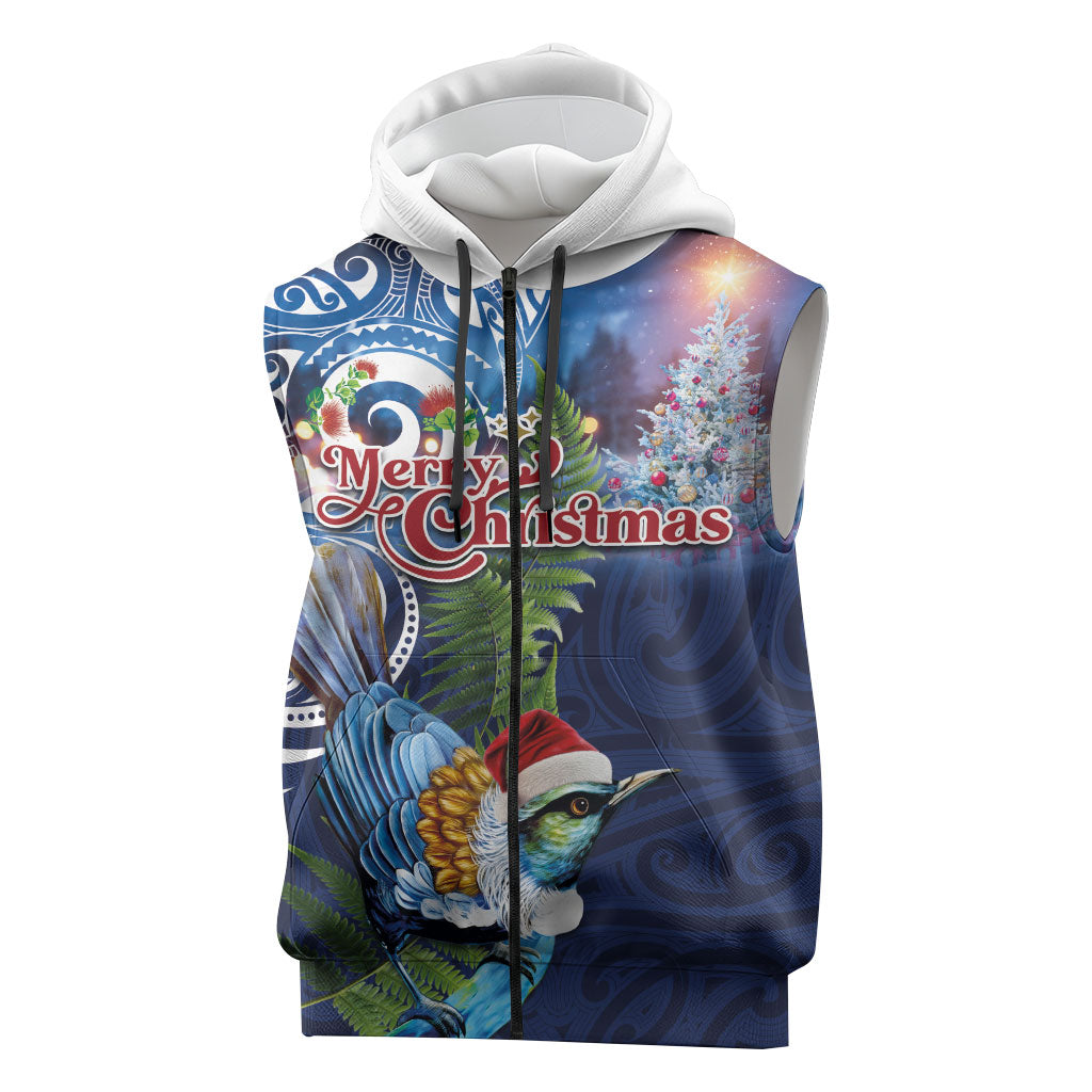 New Zealand Merry Christmas Sleeveless Zip Hoodie Maori Tribal Pattern with Xmas Tui Bird