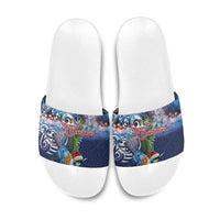 New Zealand Merry Christmas Slide Sandals Maori Tribal Pattern with Xmas Tui Bird