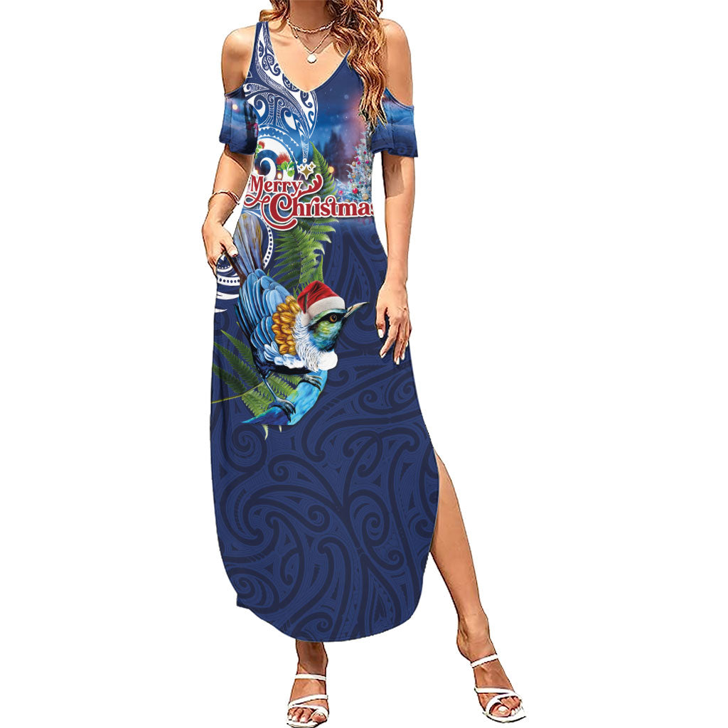 New Zealand Merry Christmas Summer Maxi Dress Maori Tribal Pattern with Xmas Tui Bird