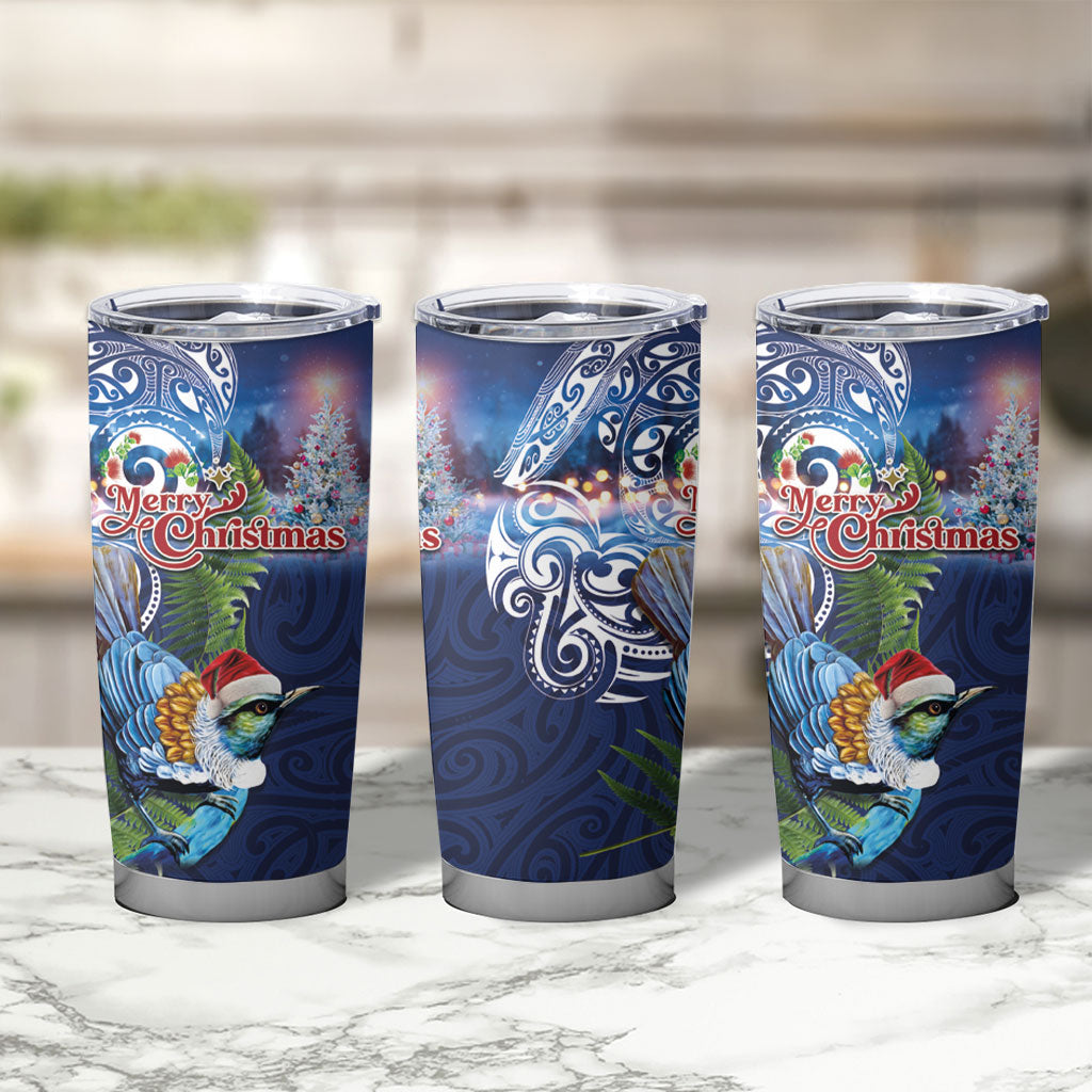New Zealand Merry Christmas Tumbler Cup Maori Tribal Pattern with Xmas Tui Bird