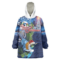 New Zealand Merry Christmas Wearable Blanket Hoodie Maori Tribal Pattern with Xmas Tui Bird