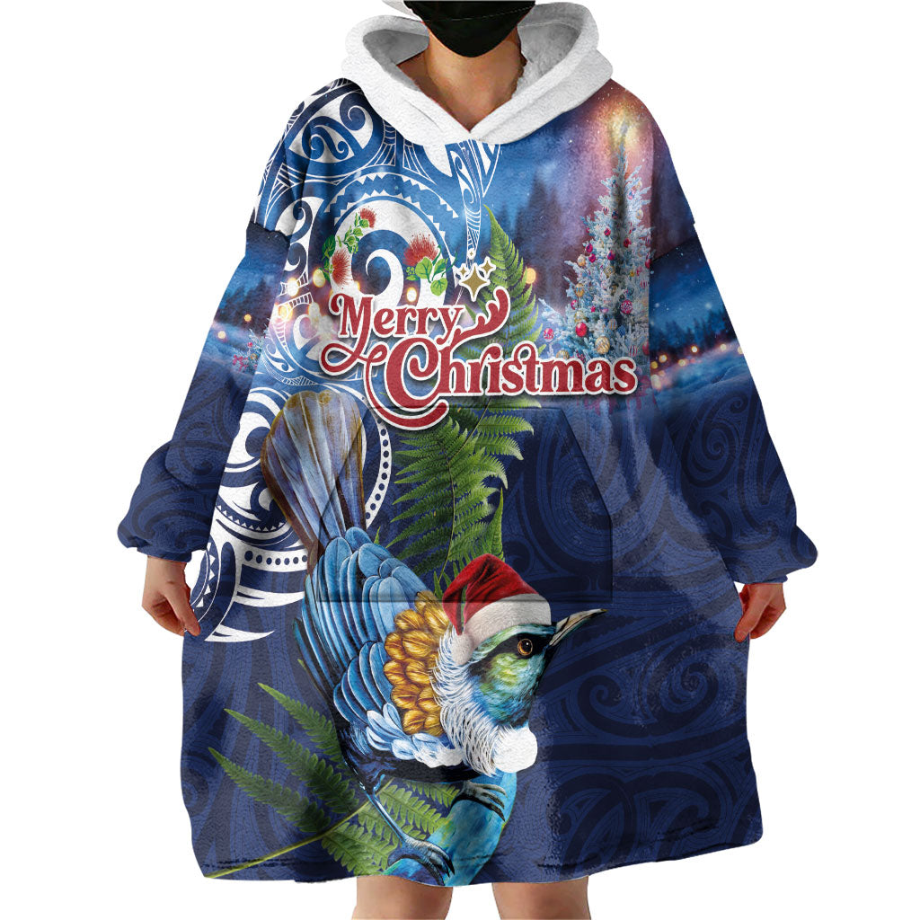 New Zealand Merry Christmas Wearable Blanket Hoodie Maori Tribal Pattern with Xmas Tui Bird