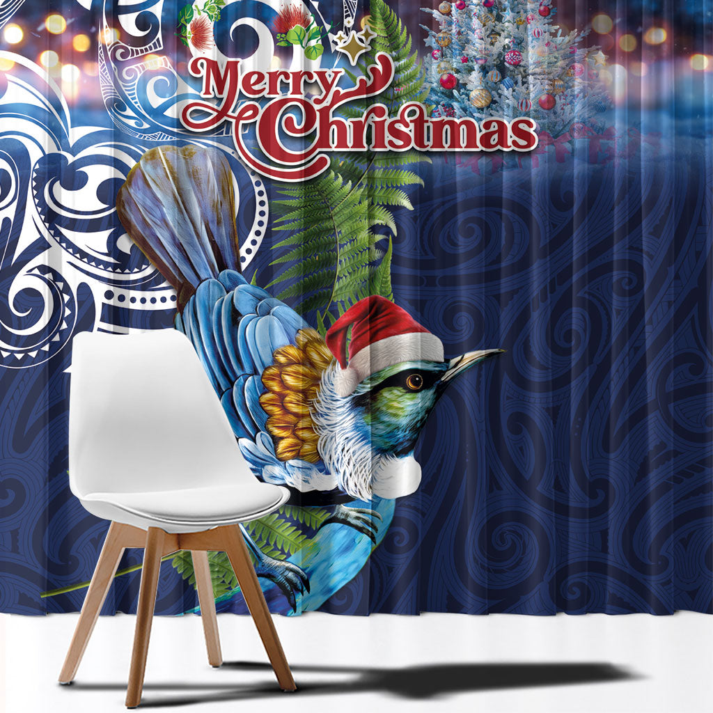 New Zealand Merry Christmas Window Curtain Maori Tribal Pattern with Xmas Tui Bird