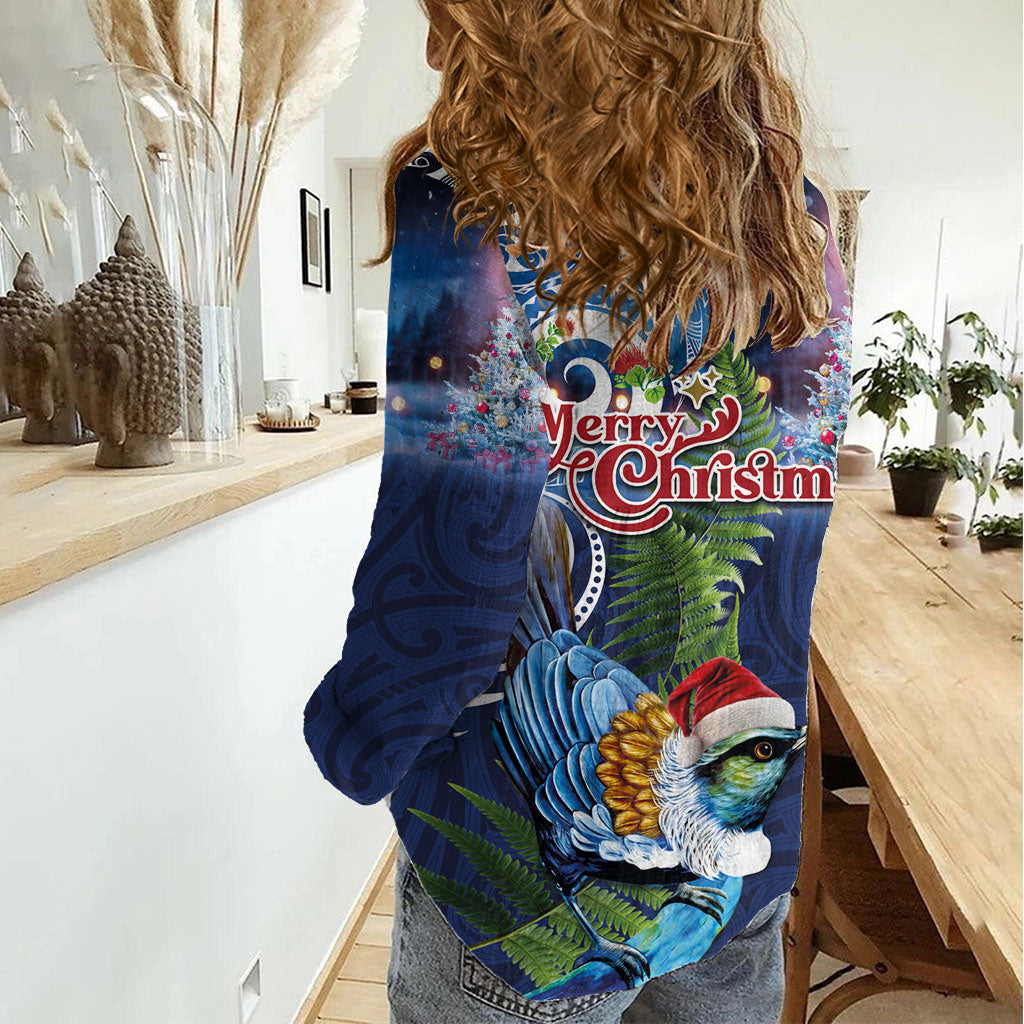 New Zealand Merry Christmas Women Casual Shirt Maori Tribal Pattern with Xmas Tui Bird