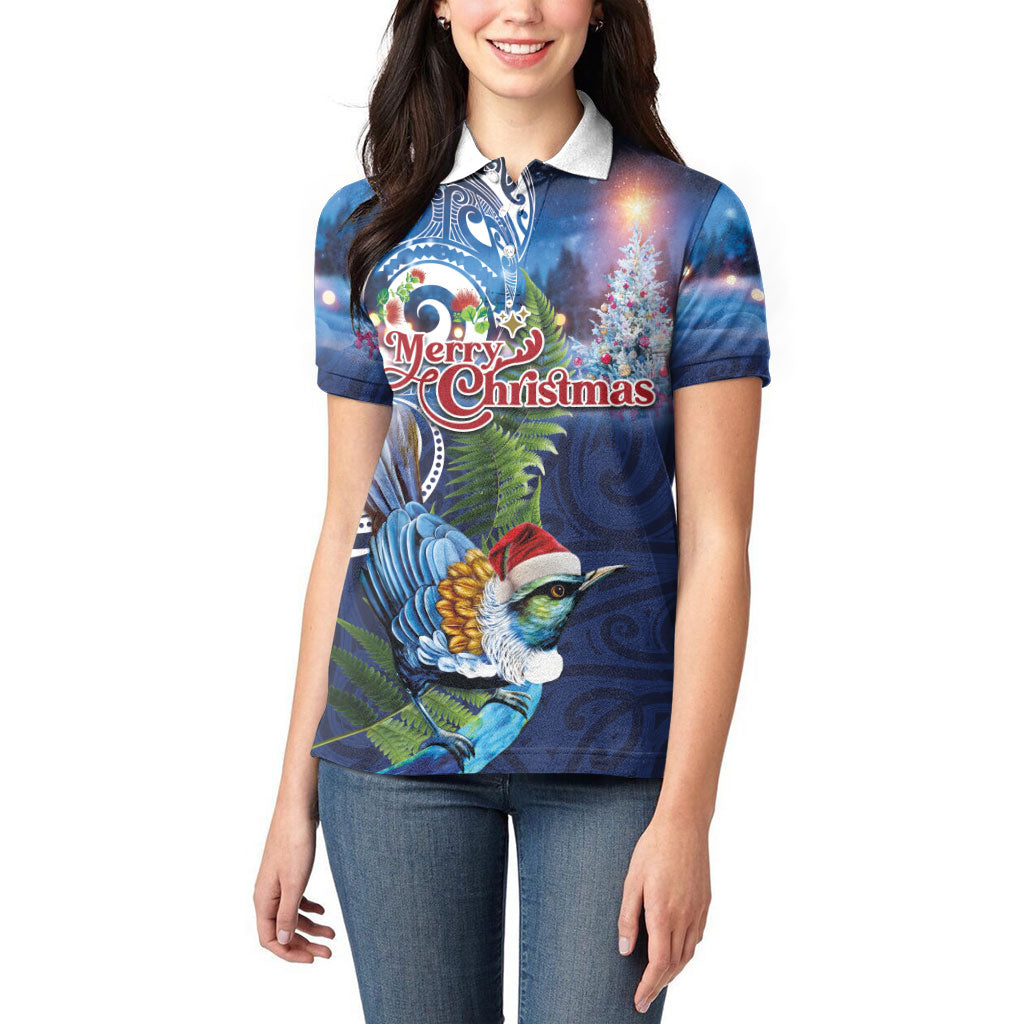 New Zealand Merry Christmas Women Polo Shirt Maori Tribal Pattern with Xmas Tui Bird
