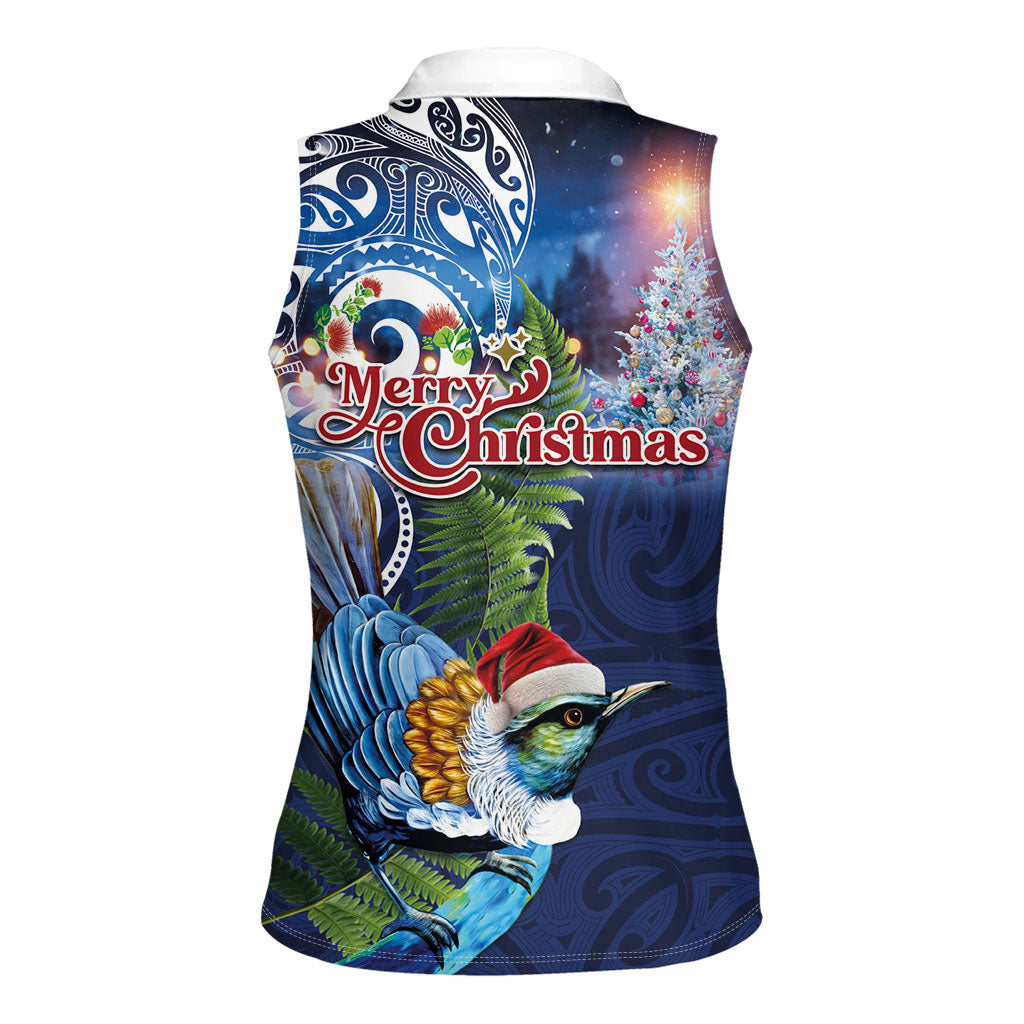 New Zealand Merry Christmas Women Sleeveless Polo Shirt Maori Tribal Pattern with Xmas Tui Bird
