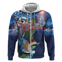 New Zealand Merry Christmas Zip Hoodie Maori Tribal Pattern with Xmas Tui Bird