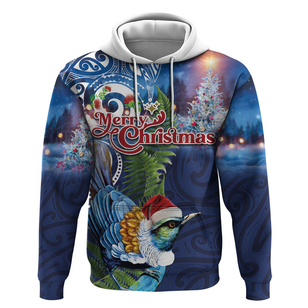 New Zealand Merry Christmas Zip Hoodie Maori Tribal Pattern with Xmas Tui Bird
