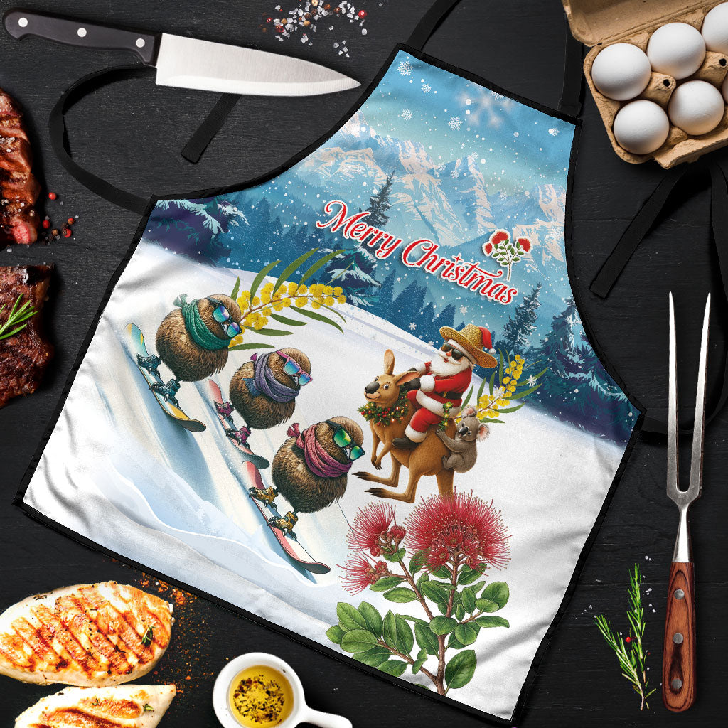 New Zealand and Australia Merry Christmas Apron Kiwi Birds Skiing and Koala Santa Riding Kangaroo