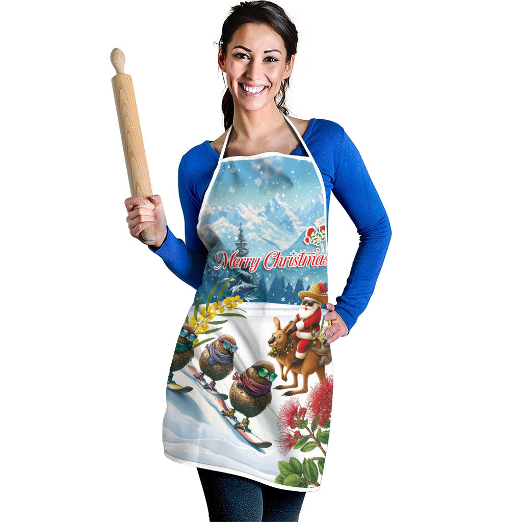 New Zealand and Australia Merry Christmas Apron Kiwi Birds Skiing and Koala Santa Riding Kangaroo