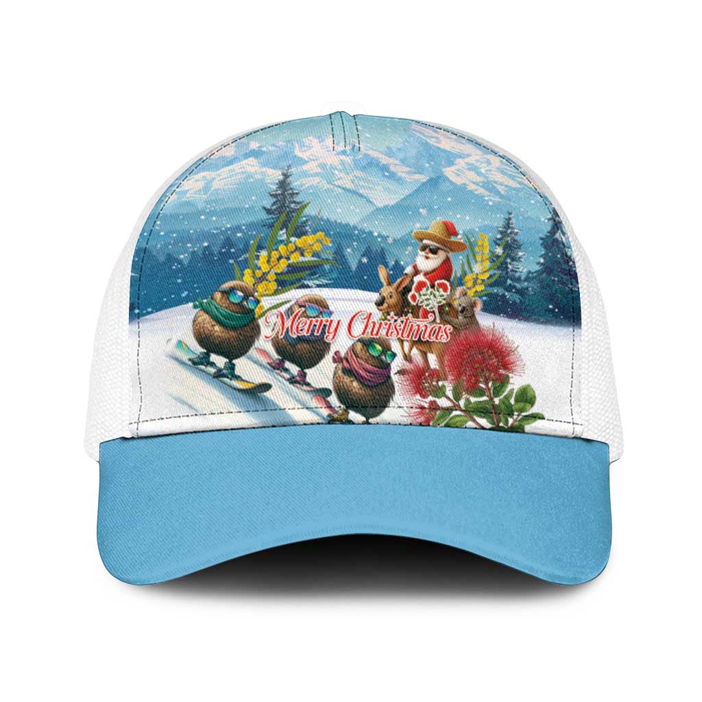 New Zealand and Australia Merry Christmas Baseball Net Cap Kiwi Birds Skiing and Santa Riding Kangaroo with Koala