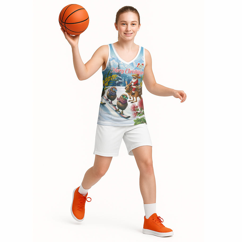 New Zealand and Australia Merry Christmas Basketball Jersey Kiwi Birds Skiing and Koala Santa Riding Kangaroo