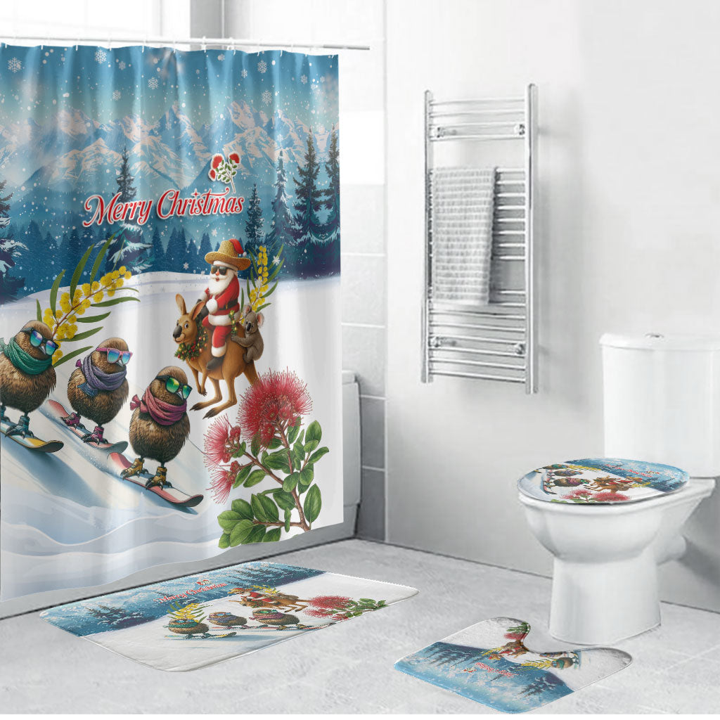 New Zealand and Australia Merry Christmas Bathroom Set Kiwi Birds Skiing and Koala Santa Riding Kangaroo