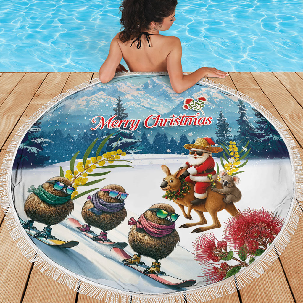 New Zealand and Australia Merry Christmas Beach Blanket Kiwi Birds Skiing and Koala Santa Riding Kangaroo