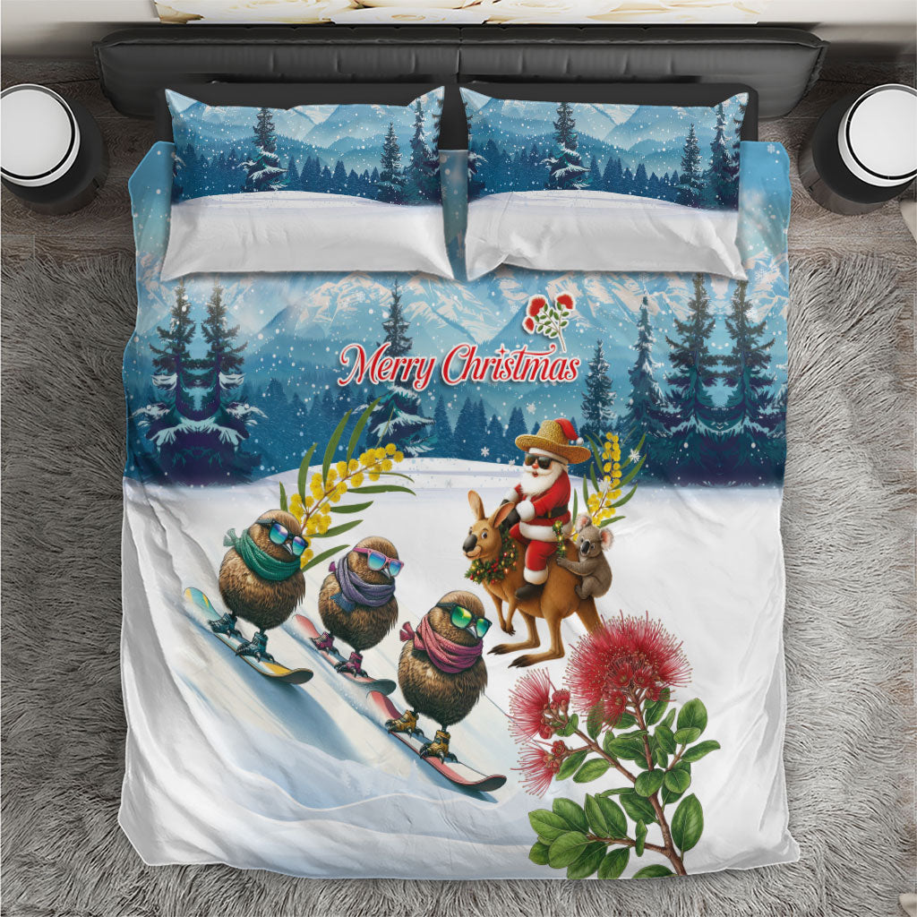 New Zealand and Australia Merry Christmas Bedding Set Kiwi Birds Skiing and Koala Santa Riding Kangaroo