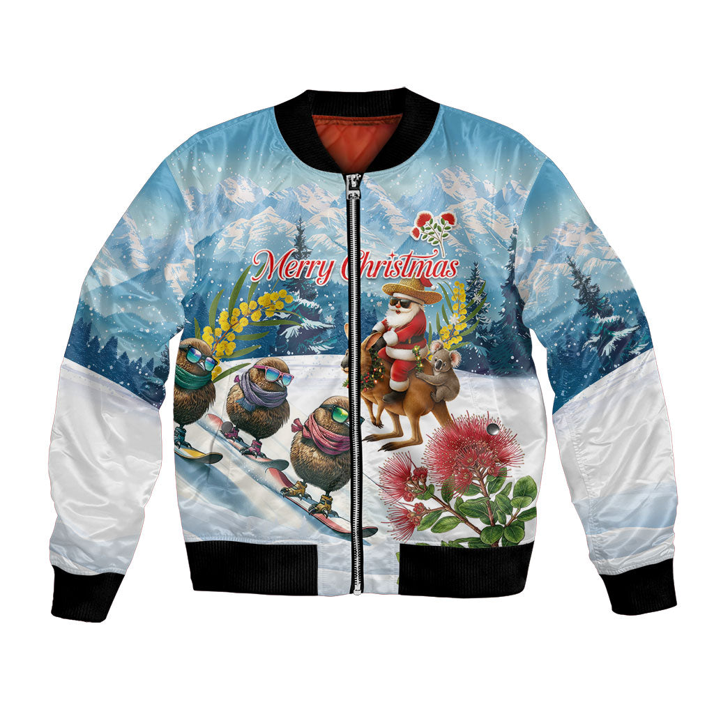 New Zealand and Australia Merry Christmas Bomber Jacket Kiwi Birds Skiing and Koala Santa Riding Kangaroo