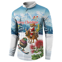 New Zealand and Australia Merry Christmas Button Sweatshirt Kiwi Birds Skiing and Koala Santa Riding Kangaroo