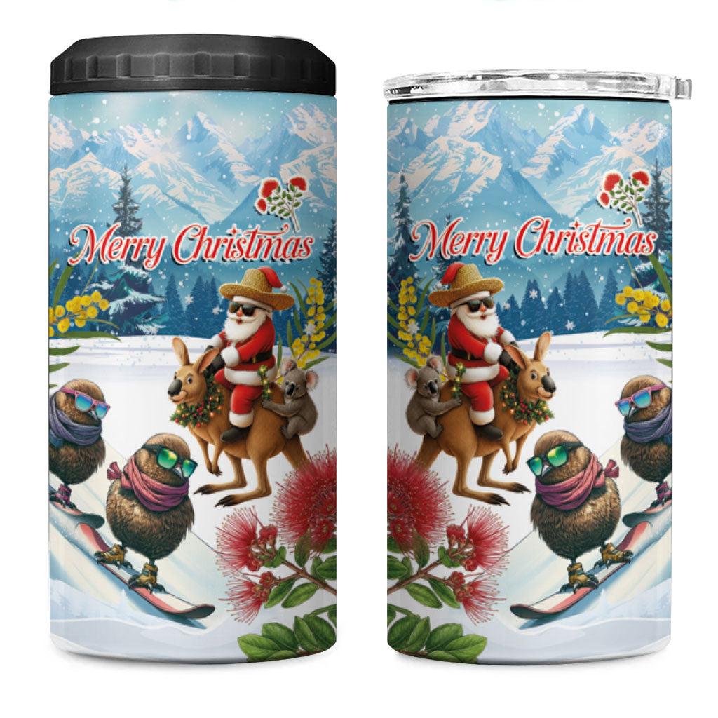 New Zealand and Australia Merry Christmas 4 in 1 Can Cooler Tumbler Kiwi Birds Skiing and Koala Santa Riding Kangaroo