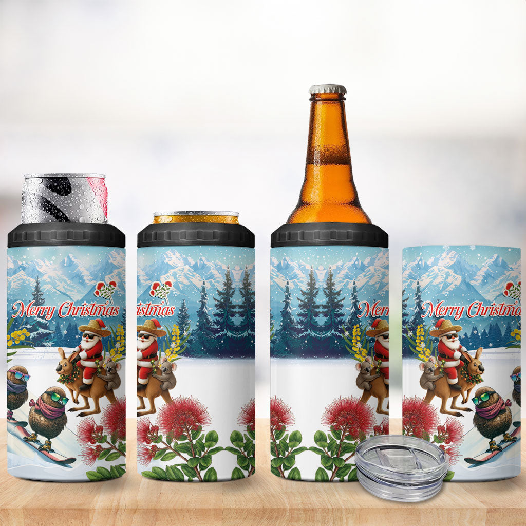 New Zealand and Australia Merry Christmas 4 in 1 Can Cooler Tumbler Kiwi Birds Skiing and Koala Santa Riding Kangaroo