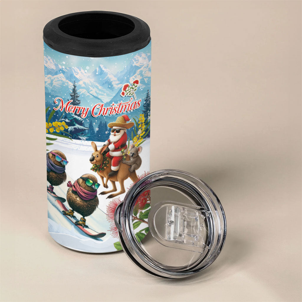 New Zealand and Australia Merry Christmas 4 in 1 Can Cooler Tumbler Kiwi Birds Skiing and Koala Santa Riding Kangaroo