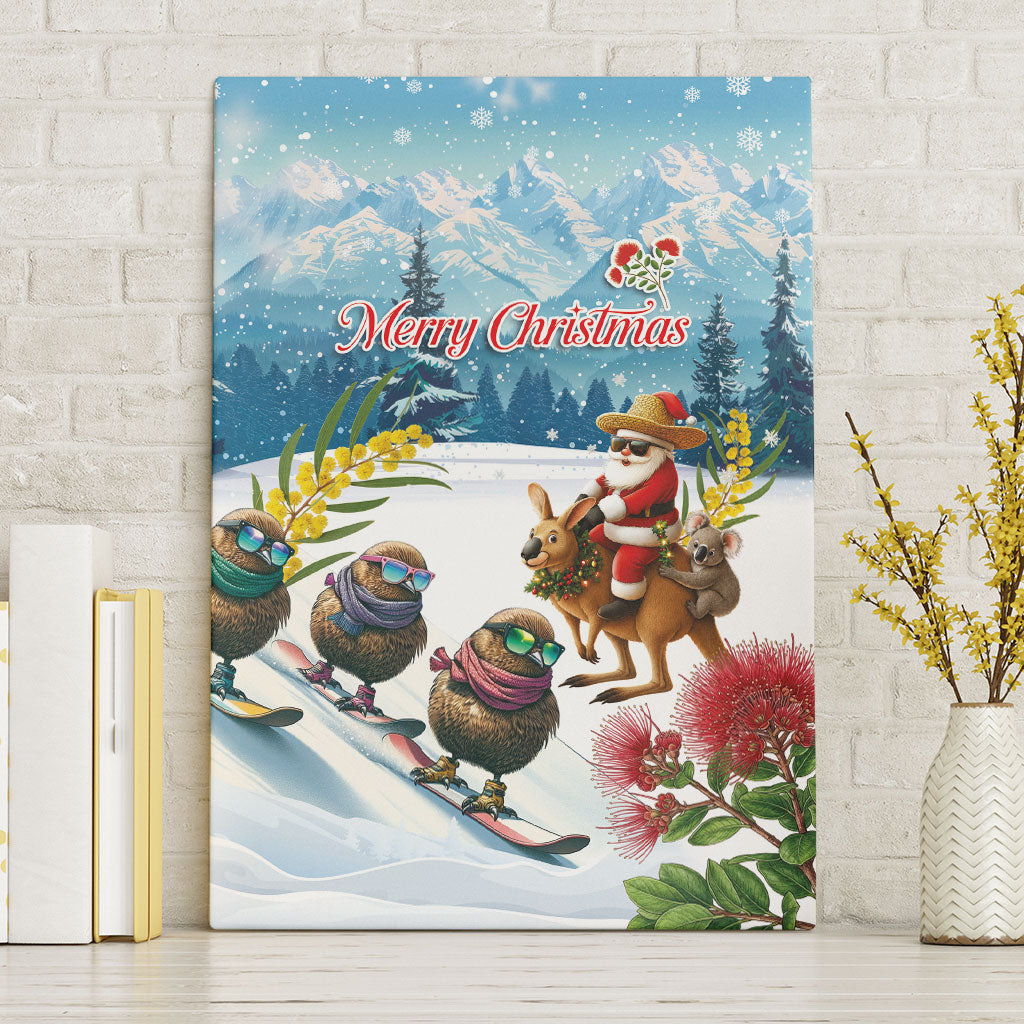 New Zealand and Australia Merry Christmas Canvas Wall Art Kiwi Birds Skiing and Koala Santa Riding Kangaroo