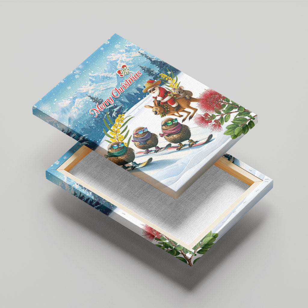 New Zealand and Australia Merry Christmas Canvas Wall Art Kiwi Birds Skiing and Koala Santa Riding Kangaroo