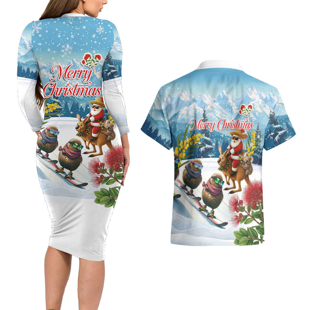 New Zealand and Australia Merry Christmas Couples Matching Long Sleeve Bodycon Dress and Hawaiian Shirt Kiwi Birds Skiing and Koala Santa Riding Kangaroo
