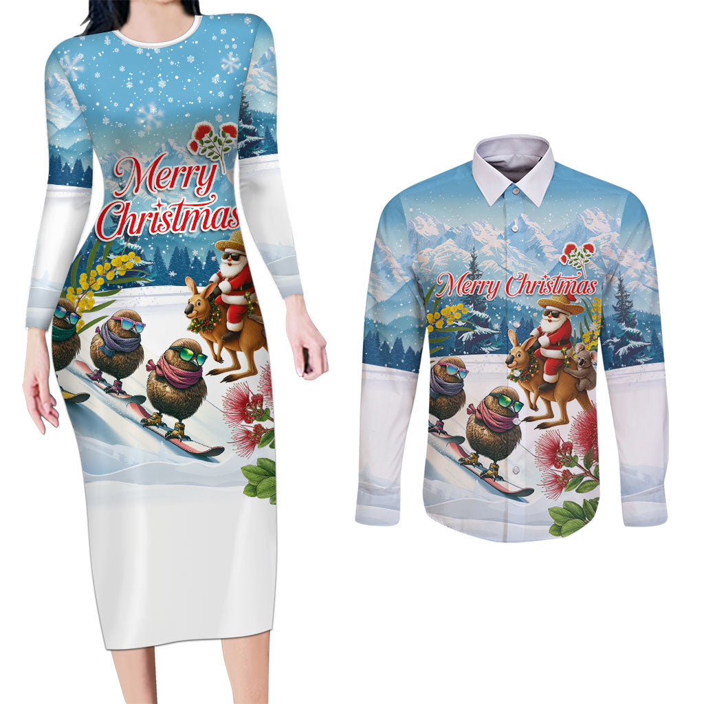 New Zealand and Australia Merry Christmas Couples Matching Long Sleeve Bodycon Dress and Long Sleeve Button Shirt Kiwi Birds Skiing and Koala Santa Riding Kangaroo