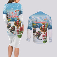 New Zealand and Australia Merry Christmas Couples Matching Long Sleeve Bodycon Dress and Long Sleeve Button Shirt Kiwi Birds Skiing and Koala Santa Riding Kangaroo