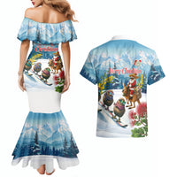 New Zealand and Australia Merry Christmas Couples Matching Mermaid Dress and Hawaiian Shirt Kiwi Birds Skiing and Koala Santa Riding Kangaroo