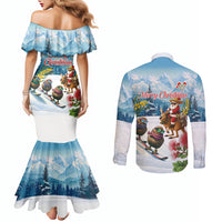 New Zealand and Australia Merry Christmas Couples Matching Mermaid Dress and Long Sleeve Button Shirt Kiwi Birds Skiing and Koala Santa Riding Kangaroo