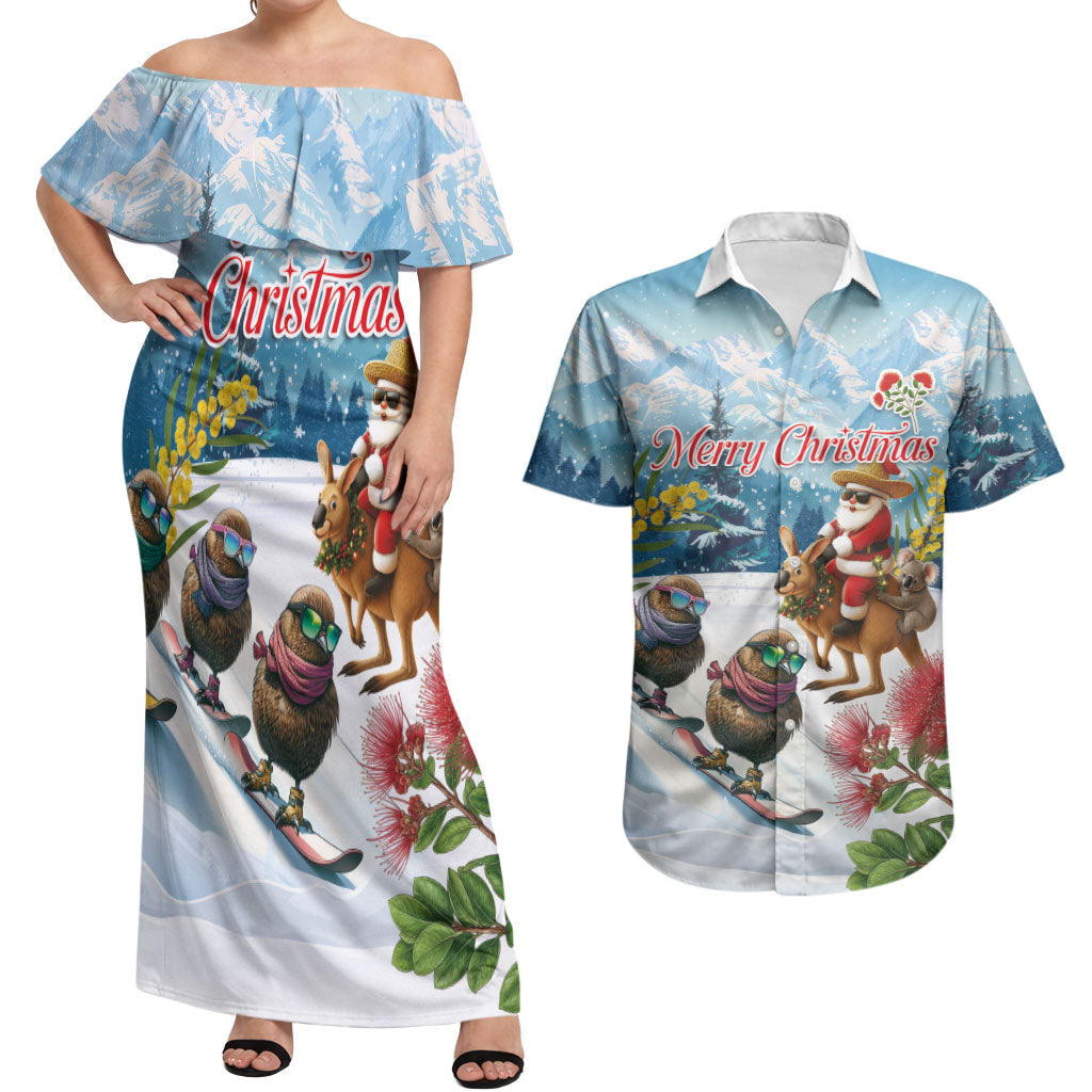 New Zealand and Australia Merry Christmas Couples Matching Off Shoulder Maxi Dress and Hawaiian Shirt Kiwi Birds Skiing and Koala Santa Riding Kangaroo LT03 Multicolor - Polynesian Pride
